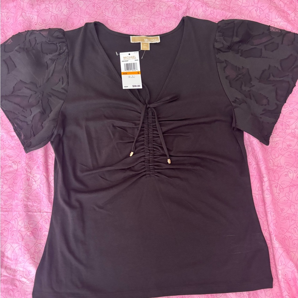 Michael Kors Black Ruched Front Short Sleeve Blouse
